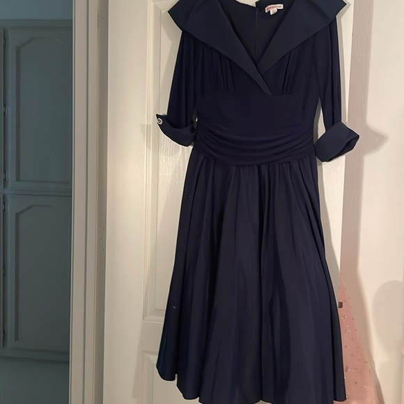 Ladies navy dress. Worn once. It's soo soft, comfortable. Jewels on elbow cuffs. - Picture 3 of 3